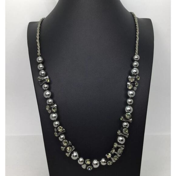 J. Crew Hematite Tone Beads Rhinestone Braided Cord Necklace - Picture 2 of 6